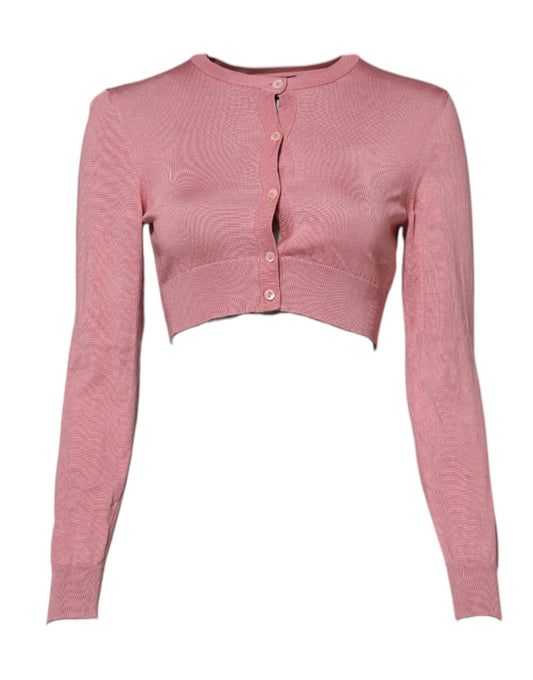 Dolce &amp; Gabbana Pink Silk Cropped Crew Neck Cardigan Sweater
