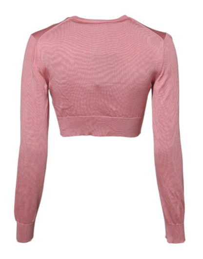 Dolce &amp; Gabbana Pink Silk Cropped Crew Neck Cardigan Sweater