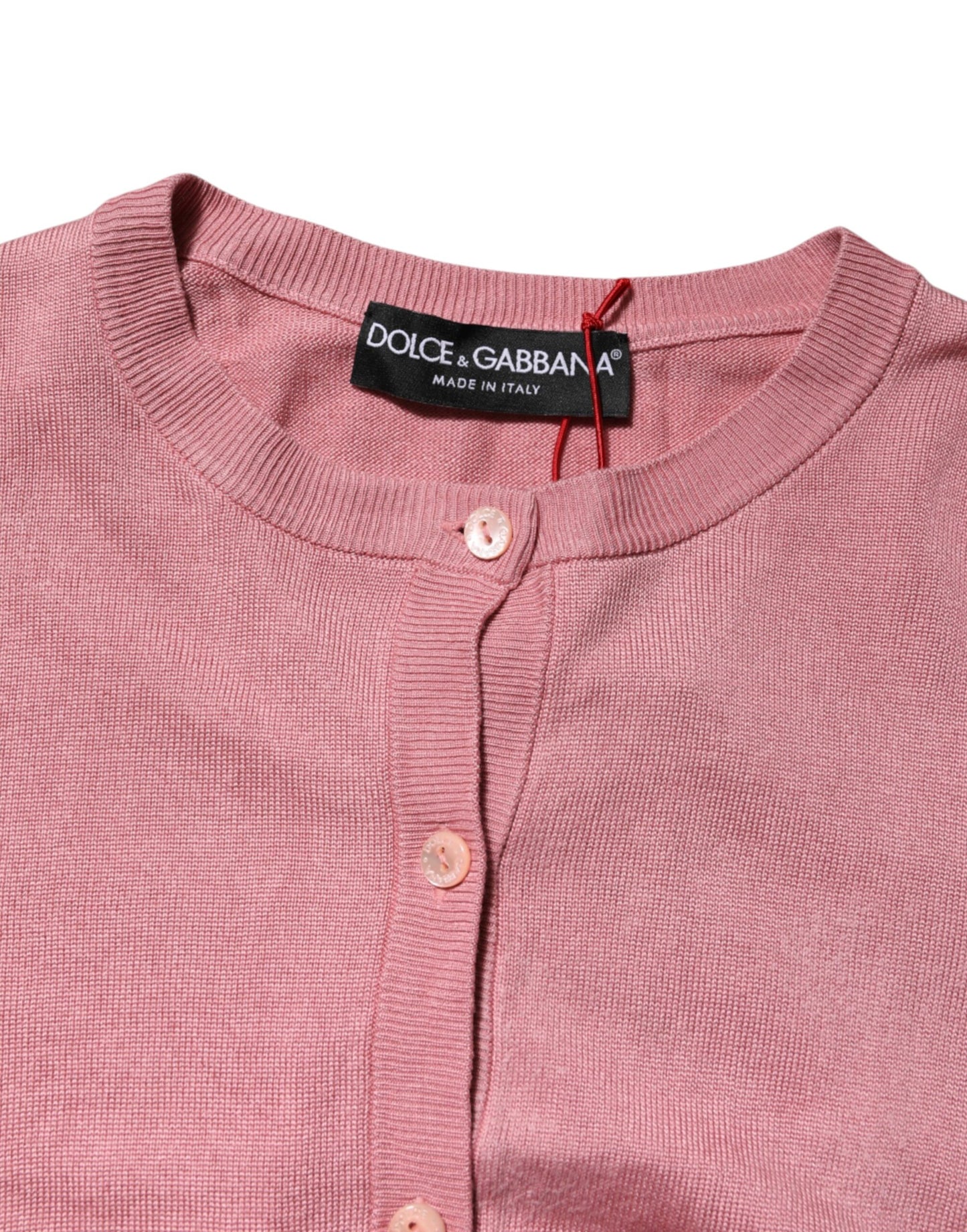 Dolce &amp; Gabbana Pink Silk Cropped Crew Neck Cardigan Sweater