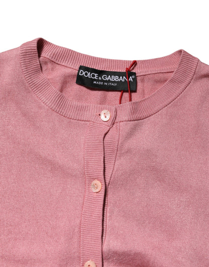 Dolce &amp; Gabbana Pink Silk Cropped Crew Neck Cardigan Sweater