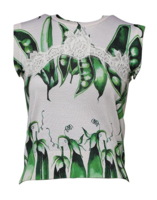 Dolce &amp; Gabbana White Green Pea Print Sleeveless Blouse Top