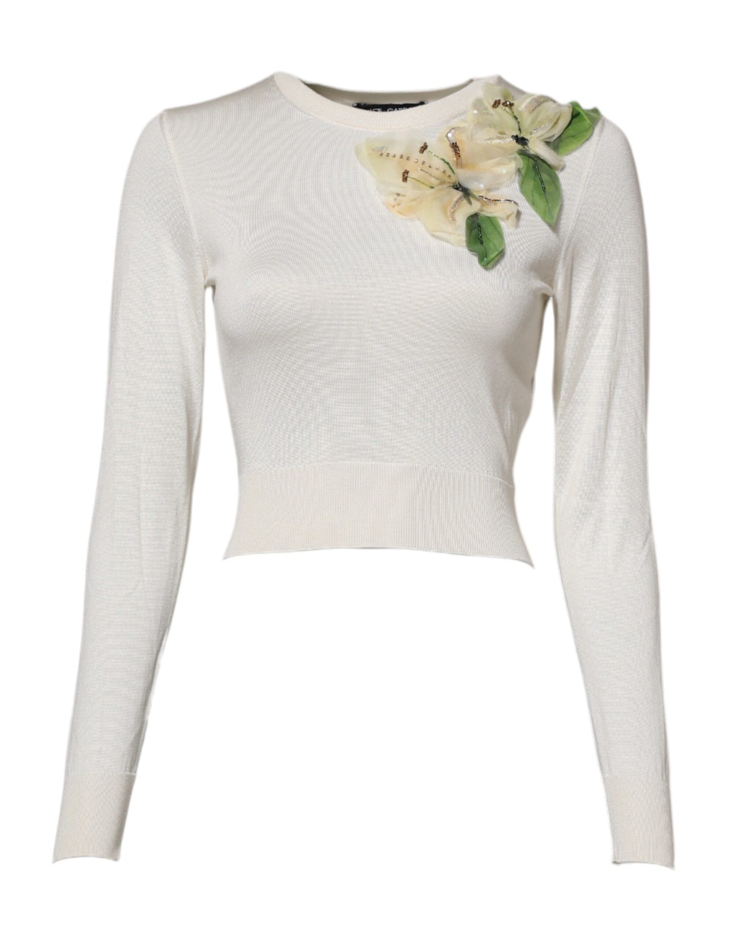 Dolce &amp; Gabbana White Silk Lily Embellished Pullover Sweater