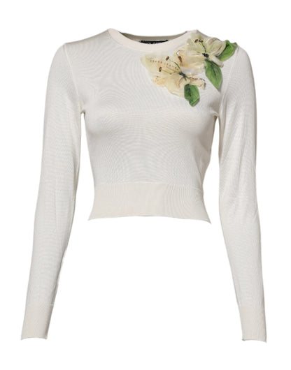Dolce &amp; Gabbana White Silk Lily Embellished Pullover Sweater