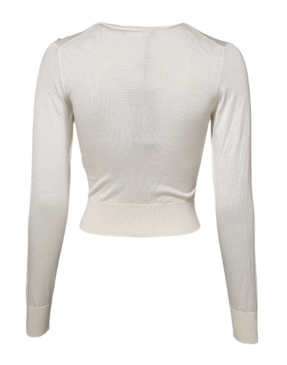 Dolce &amp; Gabbana White Silk Lily Embellished Pullover Sweater