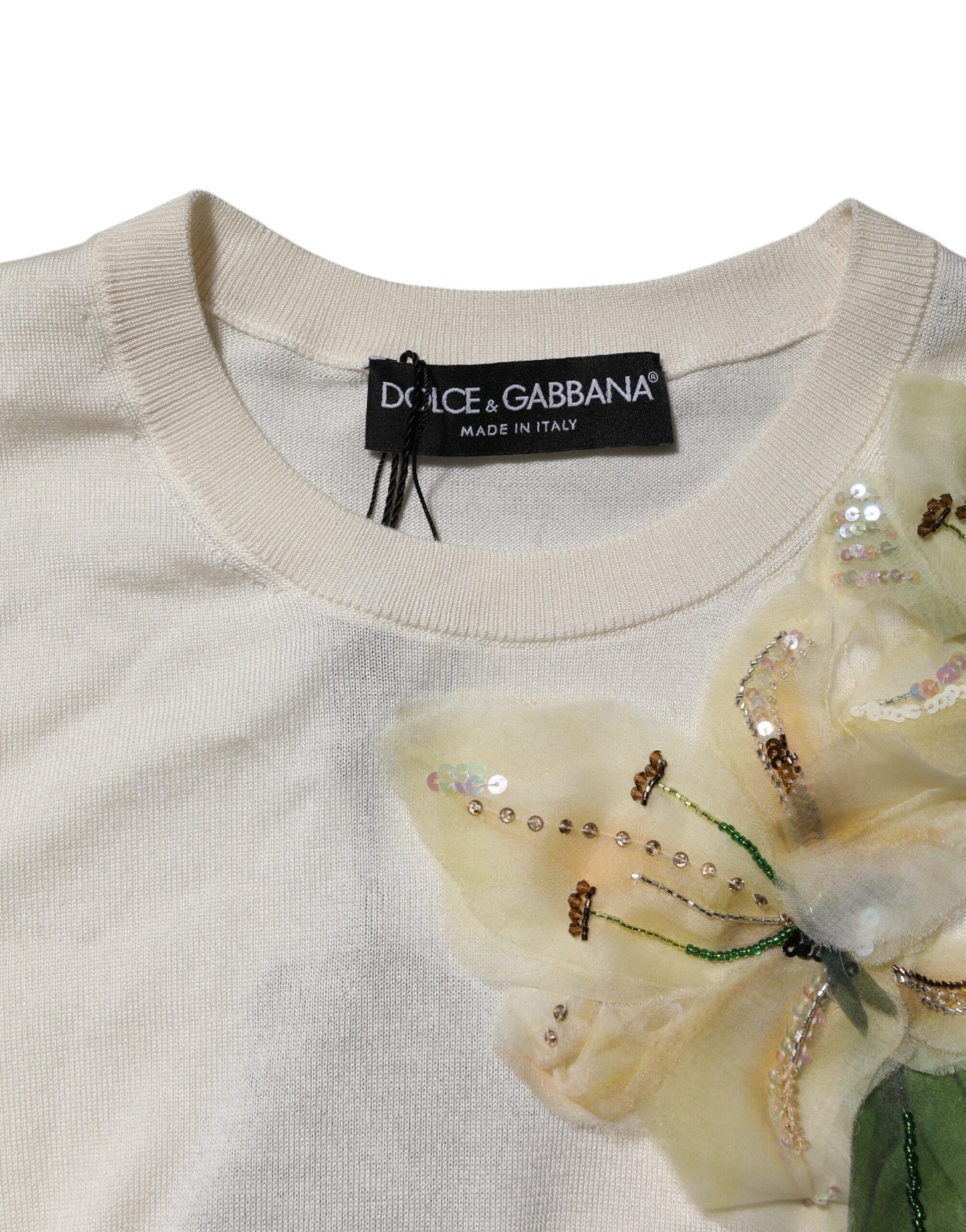 Dolce &amp; Gabbana White Silk Lily Embellished Pullover Sweater