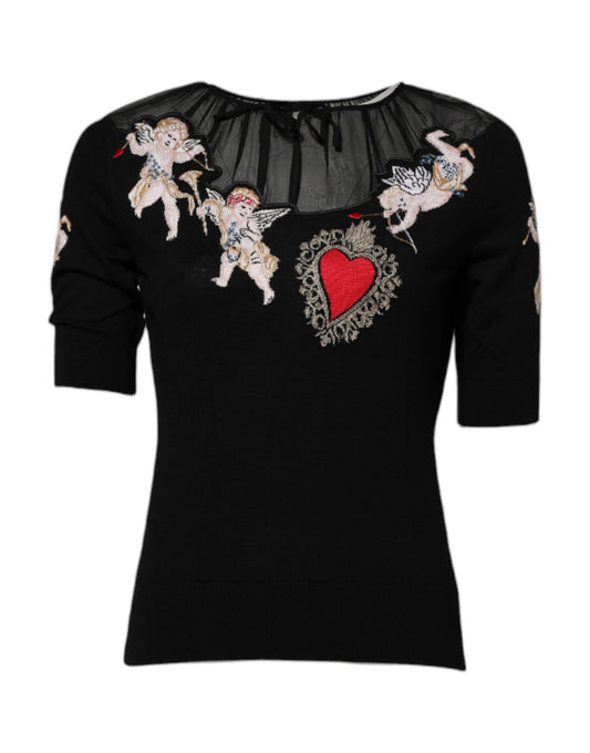 Dolce &amp; Gabbana Black Sacred Heart Embroidered Crewneck Top