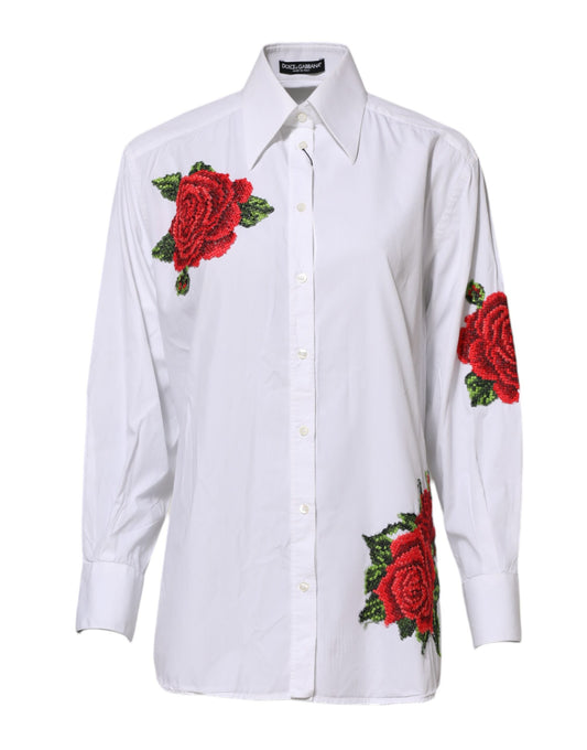 Dolce &amp; Gabbana White Rose Embroidery Collared Shirt Top