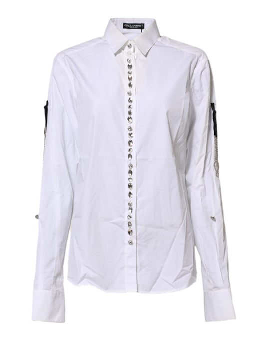 Dolce &amp; Gabbana White Crystal Embellished Collared Shirt Top