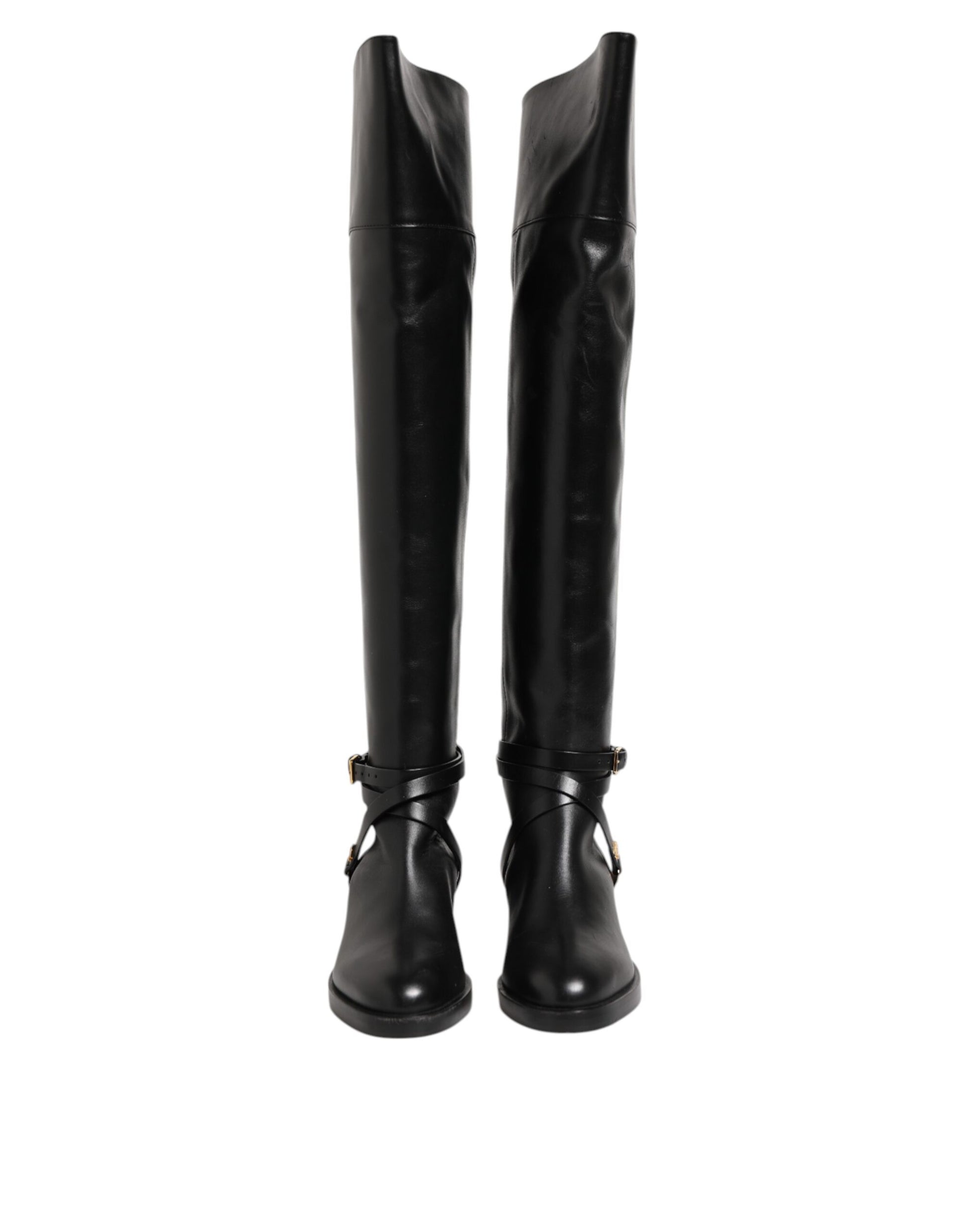 Elisabetta Franchi Black Leather Buckled High Boots Shoes by Elisabetta Franchi
