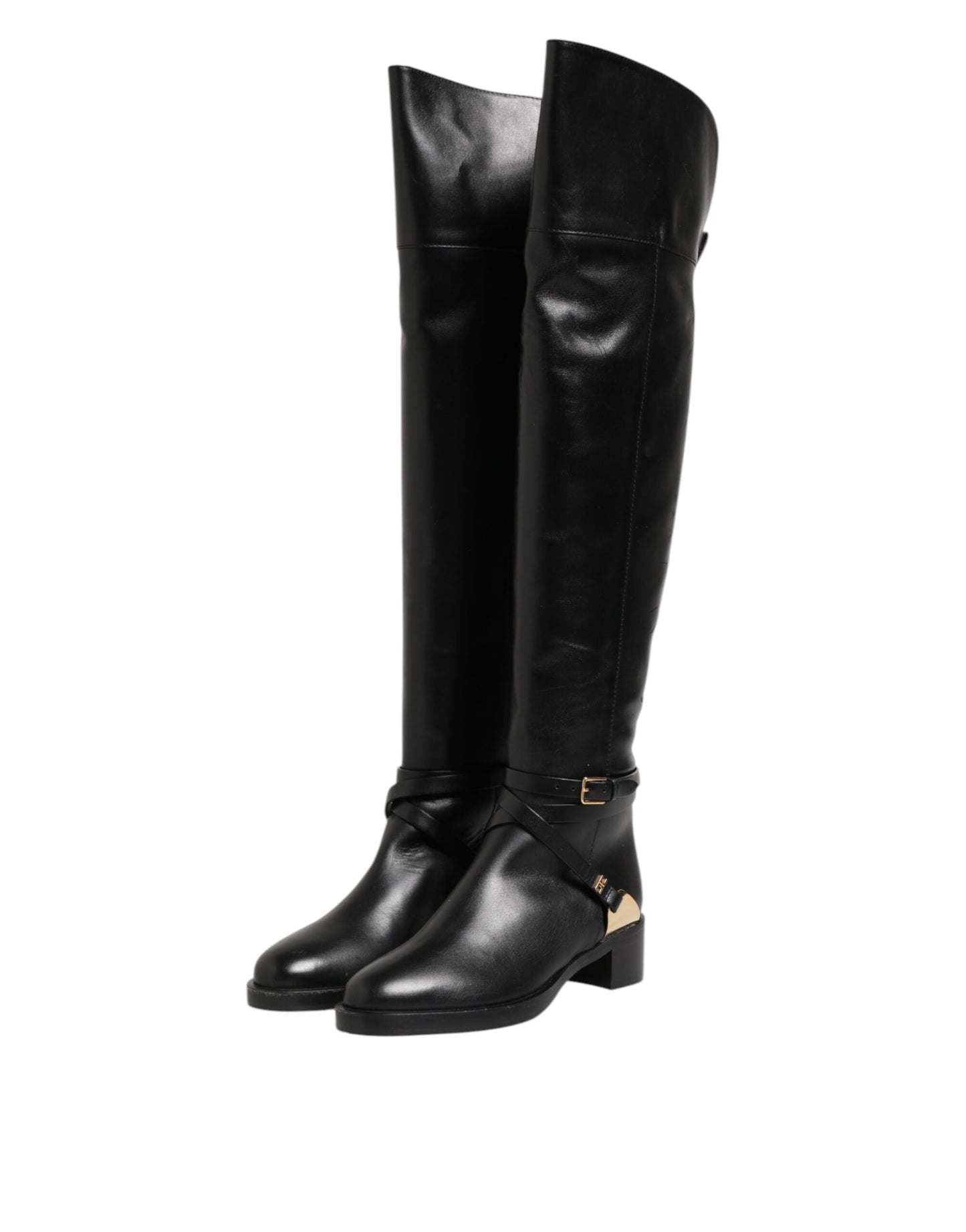 Elisabetta Franchi Black Leather Buckled High Boots Shoes by Elisabetta Franchi