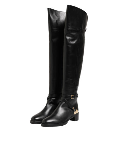 Elisabetta Franchi Black Leather Buckled High Boots Shoes by Elisabetta Franchi