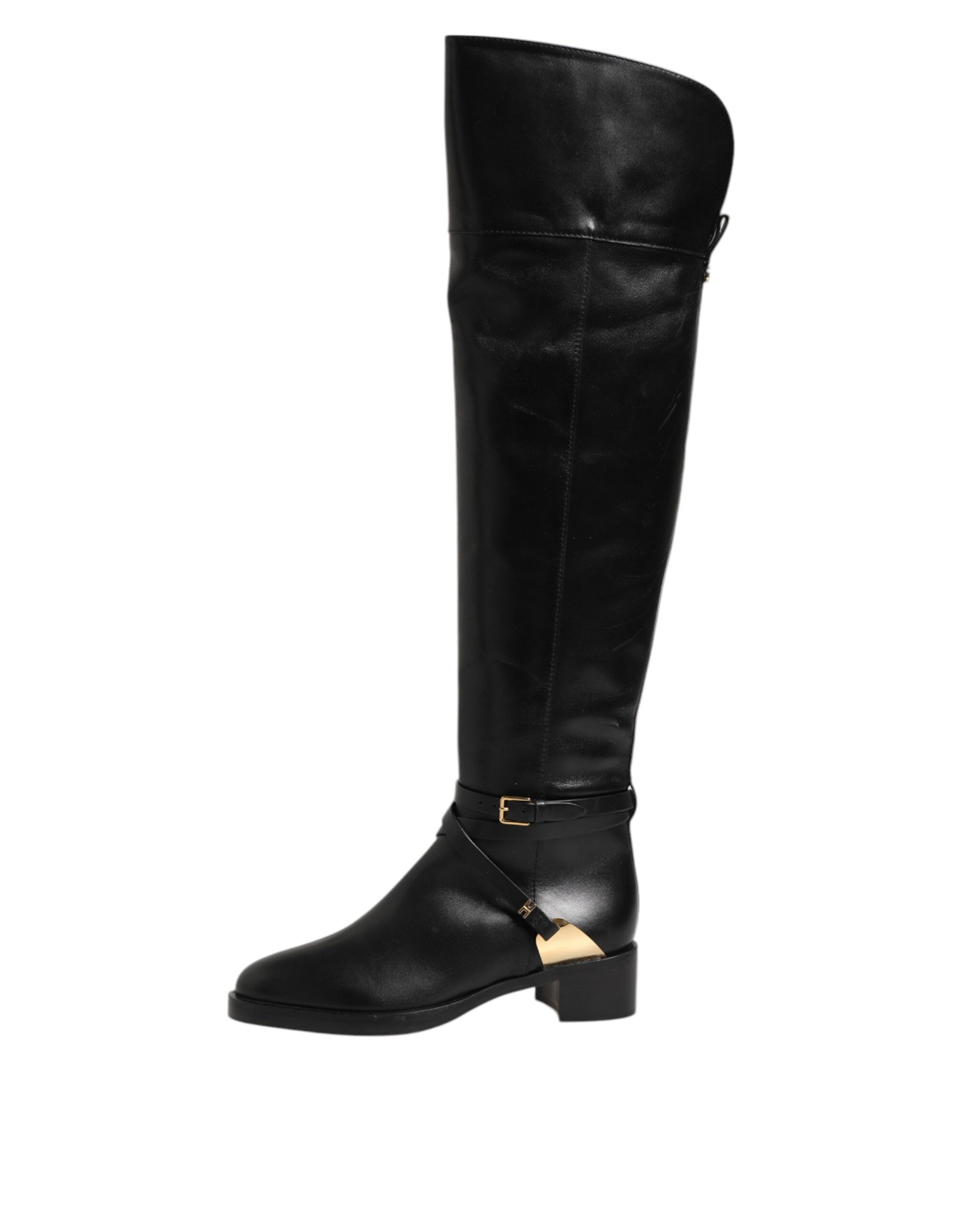 Elisabetta Franchi Black Leather Buckled High Boots Shoes by Elisabetta Franchi
