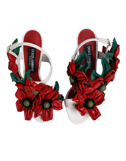 Dolce & Gabbana White Leather Floral Detailing Sandals Shoes by Dolce & Gabbana