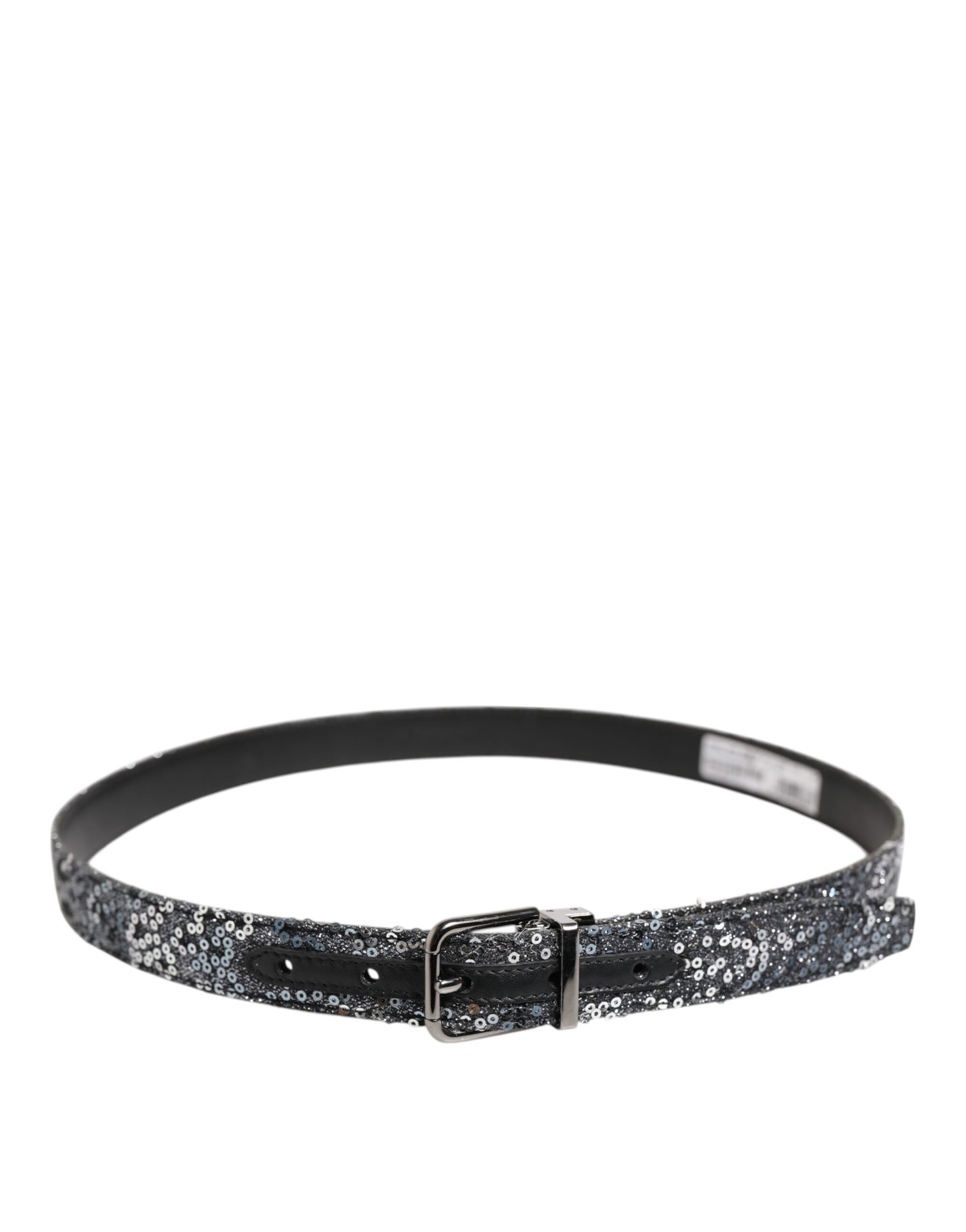 Ceinture Dolce &amp; Gabbana à paillettes noires et boucle logo en métal argenté