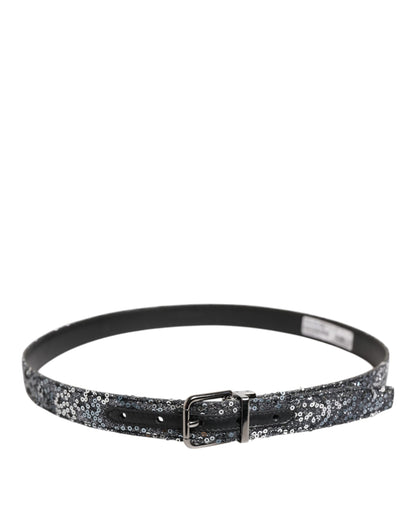 Ceinture Dolce &amp; Gabbana à paillettes noires et boucle logo en métal argenté