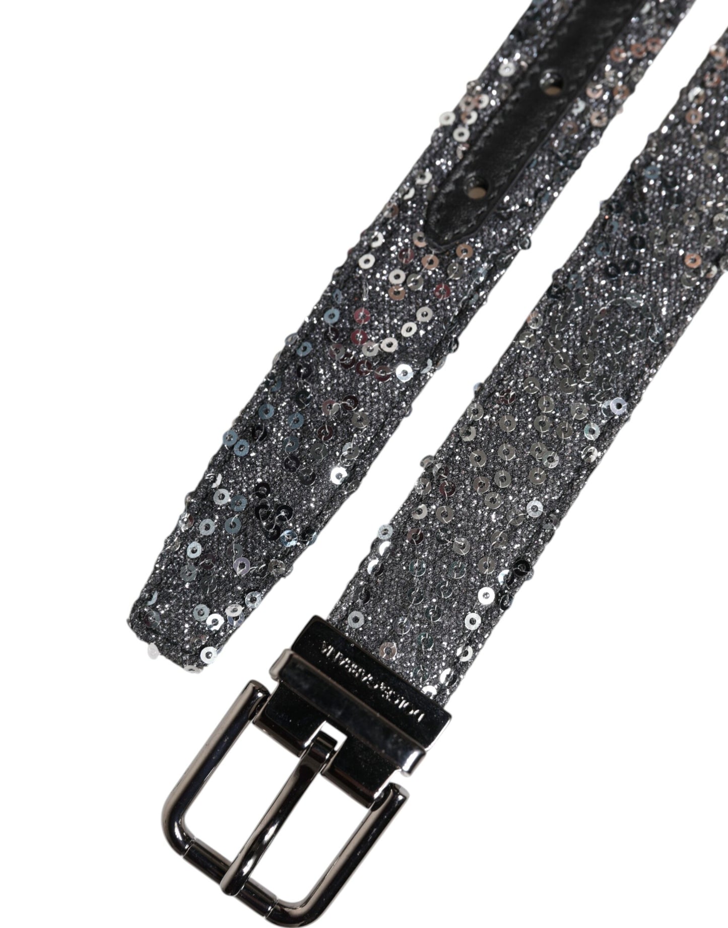 Ceinture Dolce &amp; Gabbana à paillettes noires et boucle logo en métal argenté