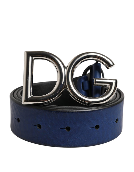 Ceinture Dolce &amp; Gabbana bleue classique en métal argenté avec boucle logo DG
