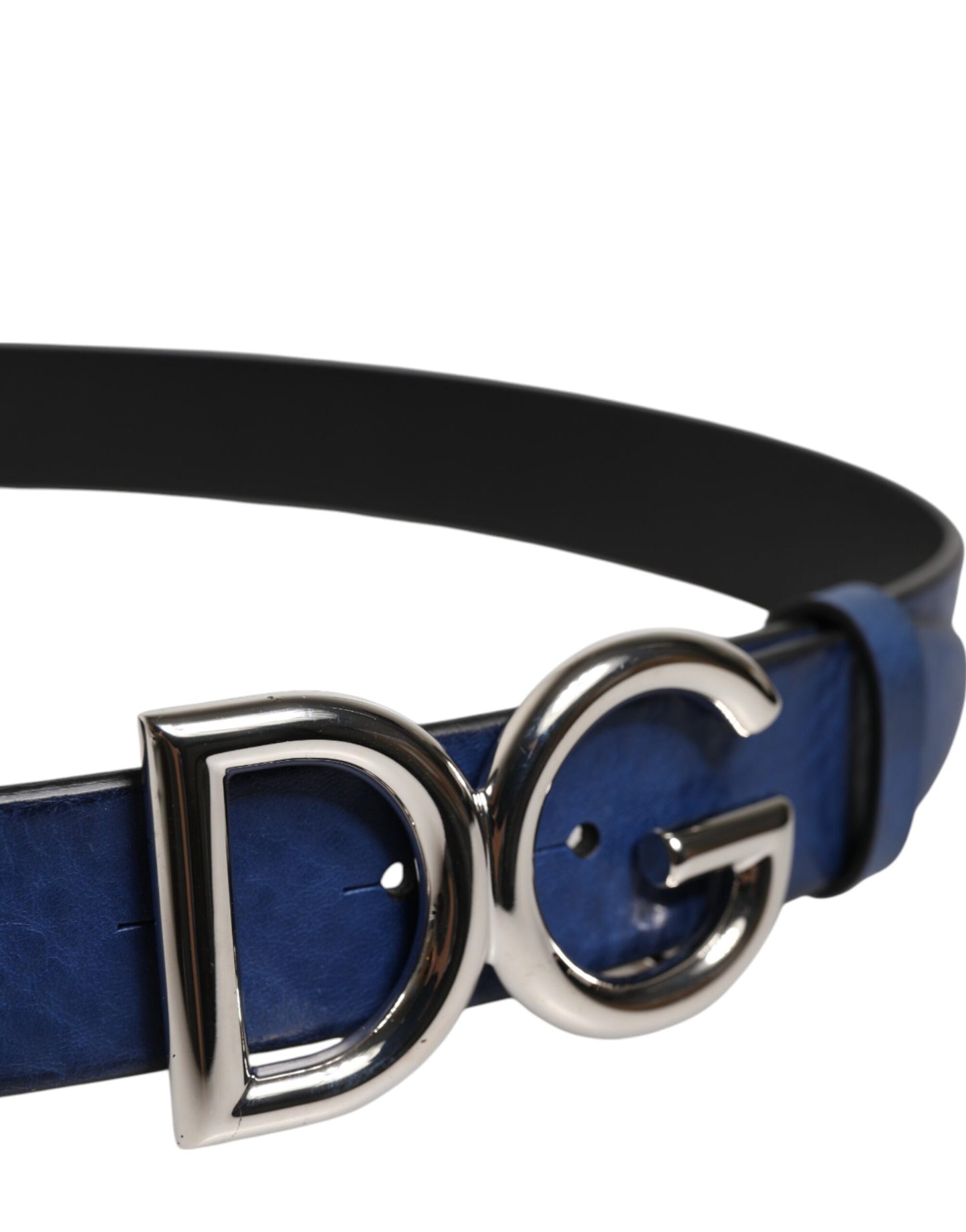 Ceinture Dolce &amp; Gabbana bleue classique en métal argenté avec boucle logo DG