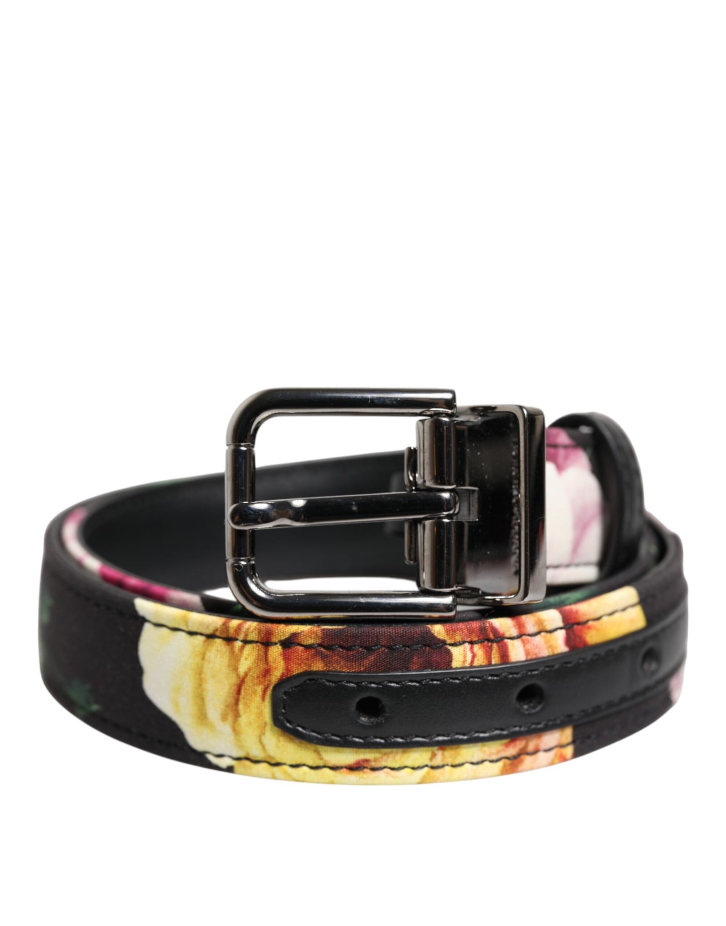 Dolce &amp; Gabbana Black Floral Brocade Silver Metal Buckle Belt