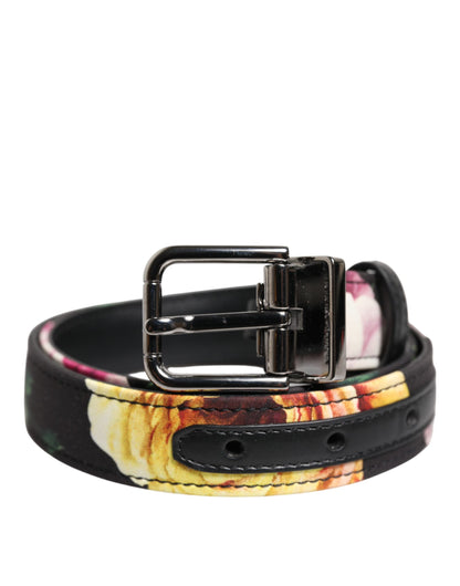 Dolce &amp; Gabbana Black Floral Brocade Silver Metal Buckle Belt