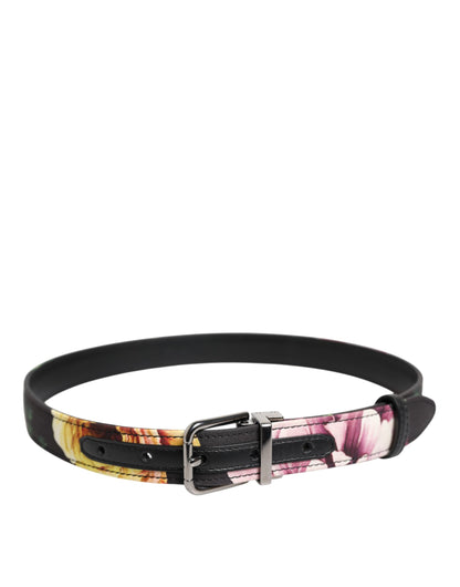 Dolce &amp; Gabbana Black Floral Brocade Silver Metal Buckle Belt