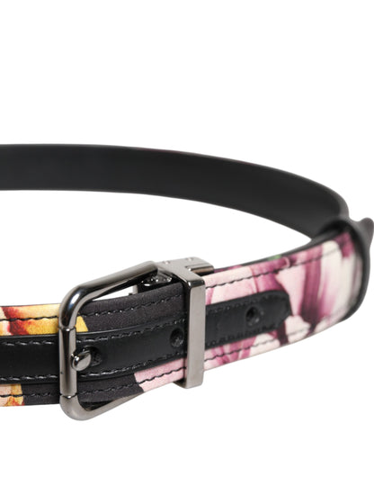 Dolce &amp; Gabbana Black Floral Brocade Silver Metal Buckle Belt