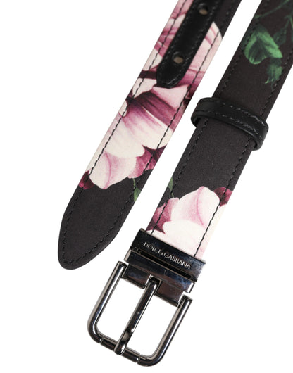Dolce &amp; Gabbana Black Floral Brocade Silver Metal Buckle Belt