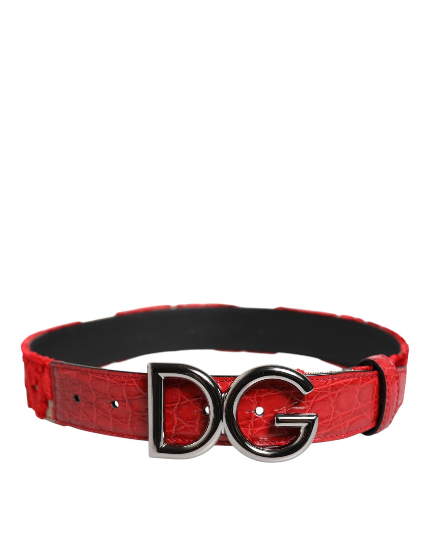 Dolce &amp; Gabbana Red Viscose Silver DG Logo Metal Buckle Belt