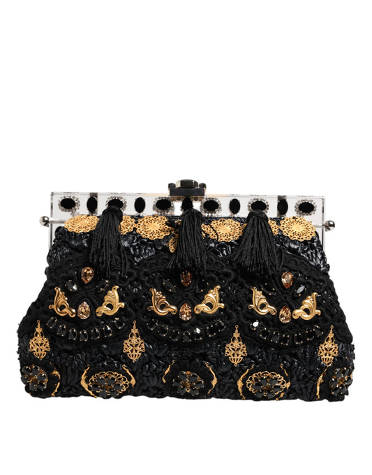 Pochette de soirée Dolce &amp; Gabbana à pampilles noires et cristaux baroques dorés