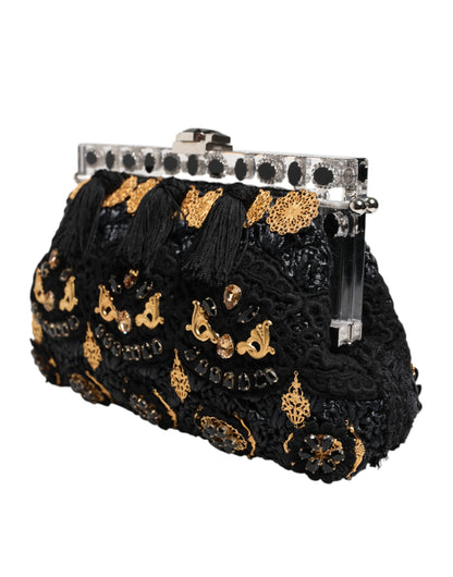 Pochette de soirée Dolce &amp; Gabbana à pampilles noires et cristaux baroques dorés