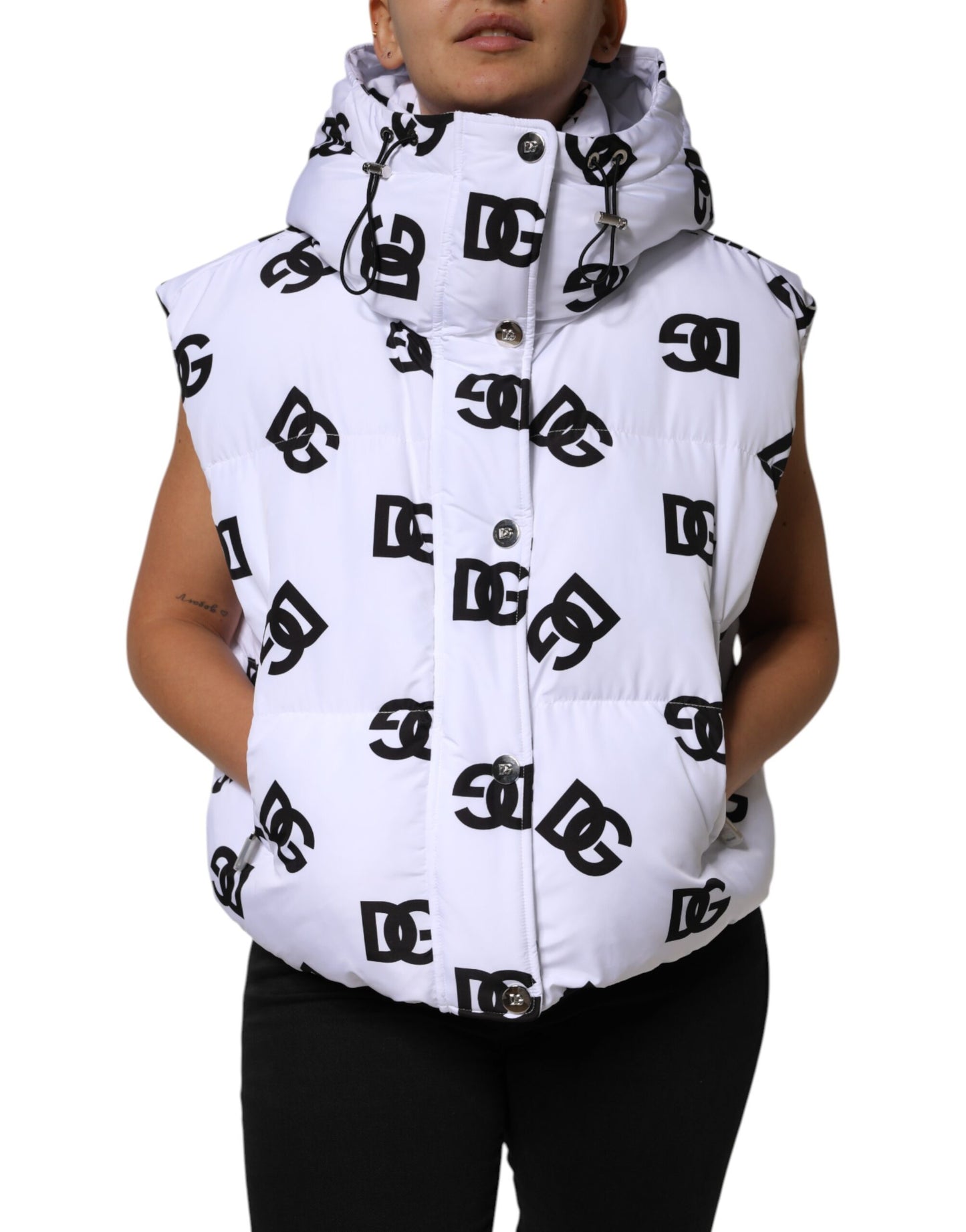 Dolce &amp; Gabbana White Black DG Mania Polyester Puffer Jacket