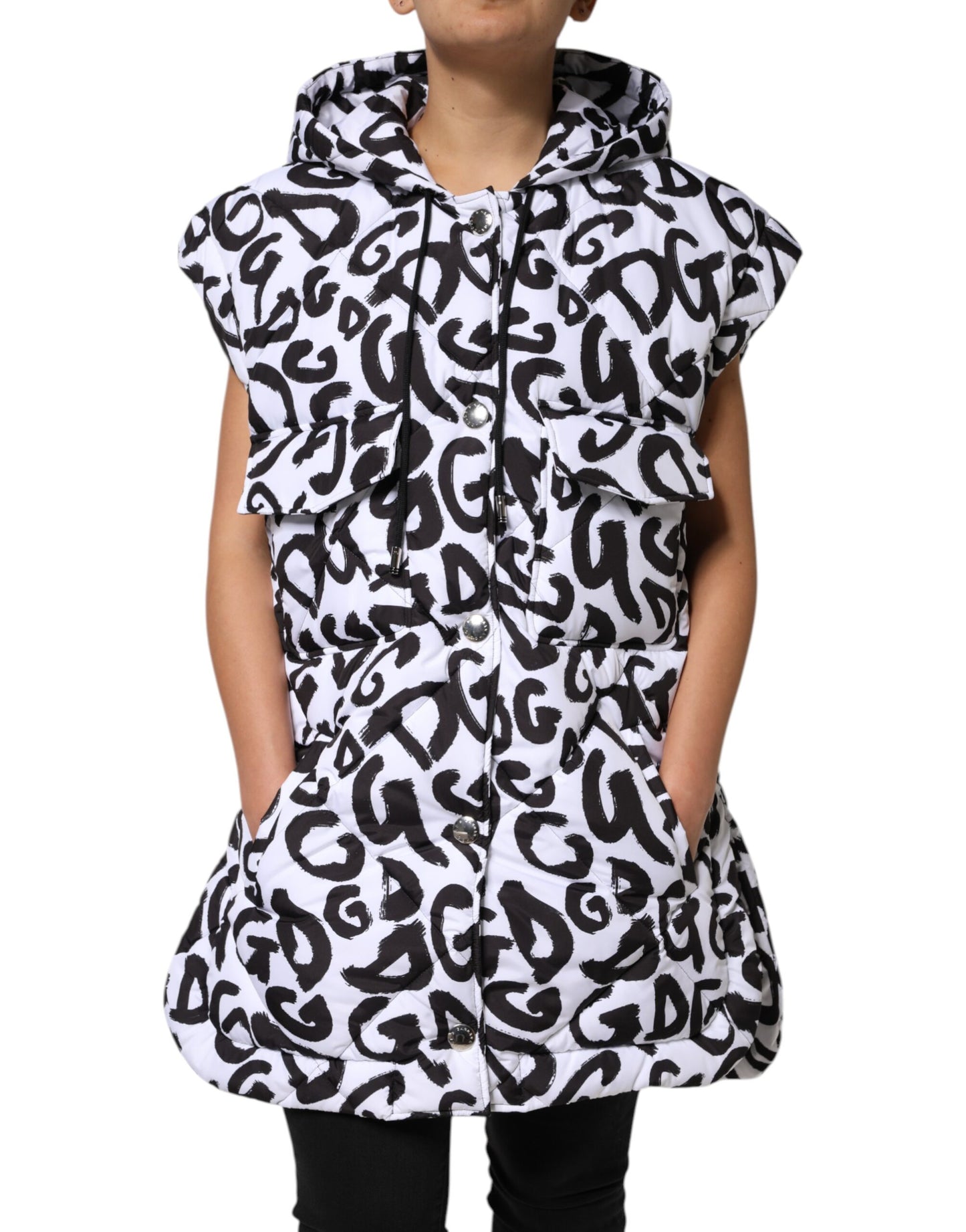 Dolce &amp; Gabbana White DG Mania Hooded Sleeveless Puffer Jacket