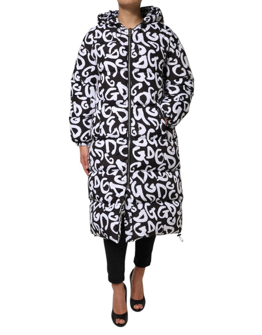 Dolce &amp; Gabbana Black White DG Mania Hooded Long Coat Jacket