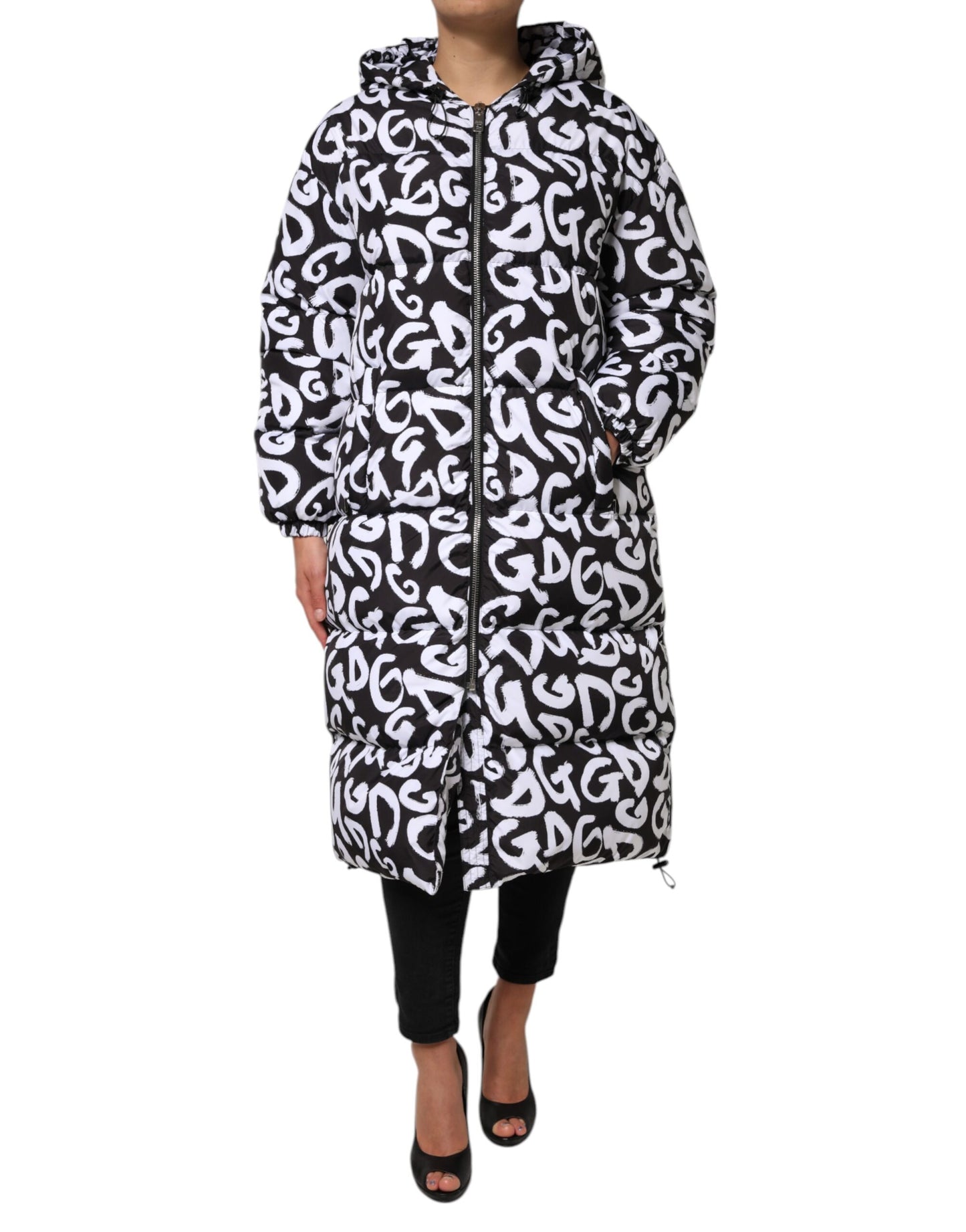 Dolce &amp; Gabbana Black White DG Mania Hooded Long Coat Jacket