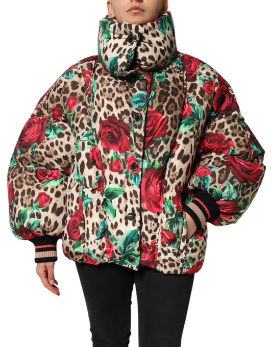 Dolce &amp; Gabbana Multicolor Leopard Rose Puffer Quilted Jacket