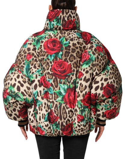 Dolce &amp; Gabbana Multicolor Leopard Rose Puffer Quilted Jacket