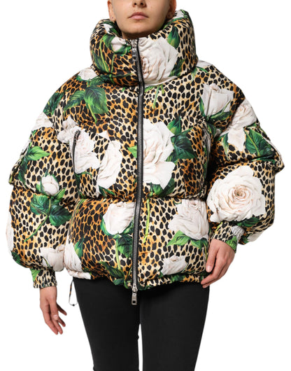 Dolce &amp; Gabbana Multicolor Leopard Rose Puffer Quilted Jacket