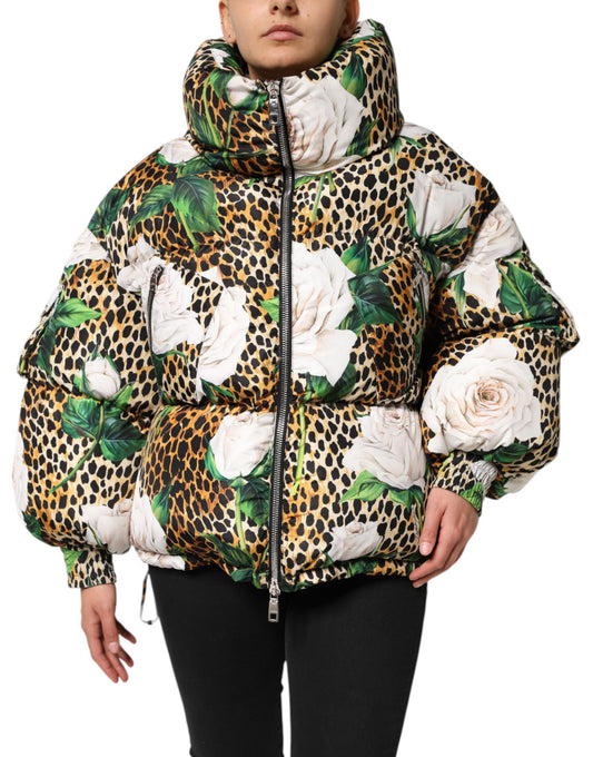 Dolce &amp; Gabbana Multicolor Leopard Rose Puffer Quilted Jacket