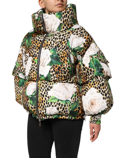 Dolce &amp; Gabbana Multicolor Leopard Rose Puffer Quilted Jacket