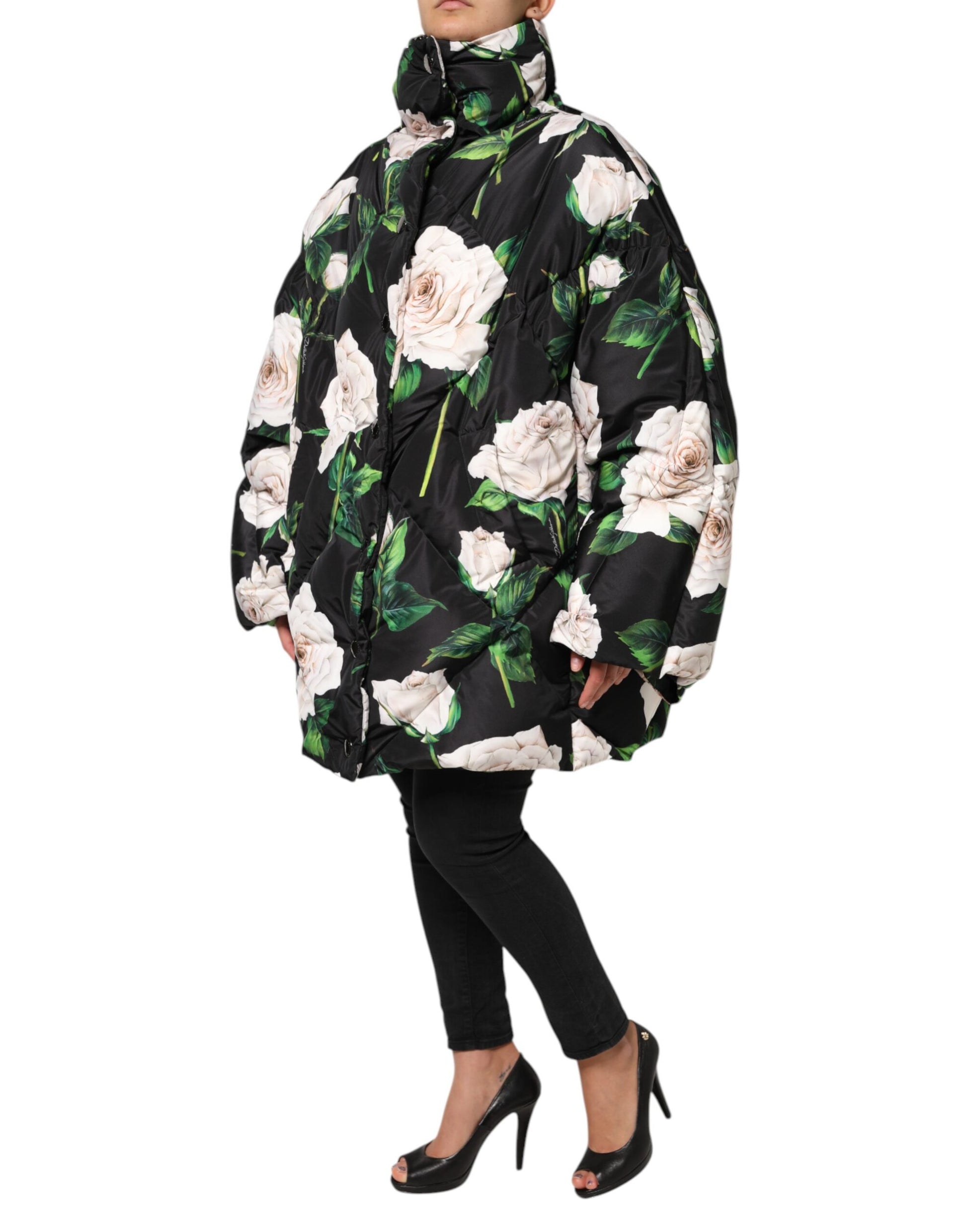 Dolce & Gabbana Black Floral Print Puffer Quilted Jacket by Dolce & Gabbana