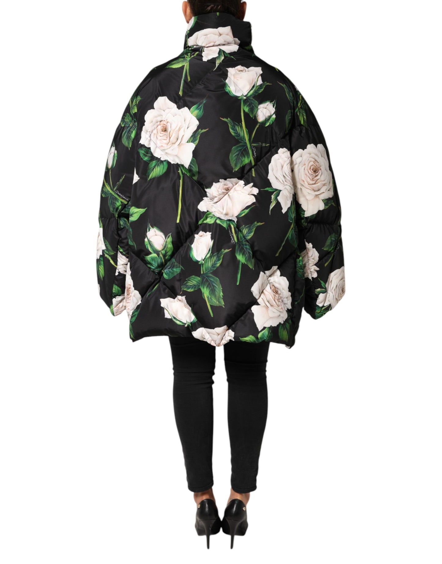 Dolce & Gabbana Black Floral Print Puffer Quilted Jacket by Dolce & Gabbana