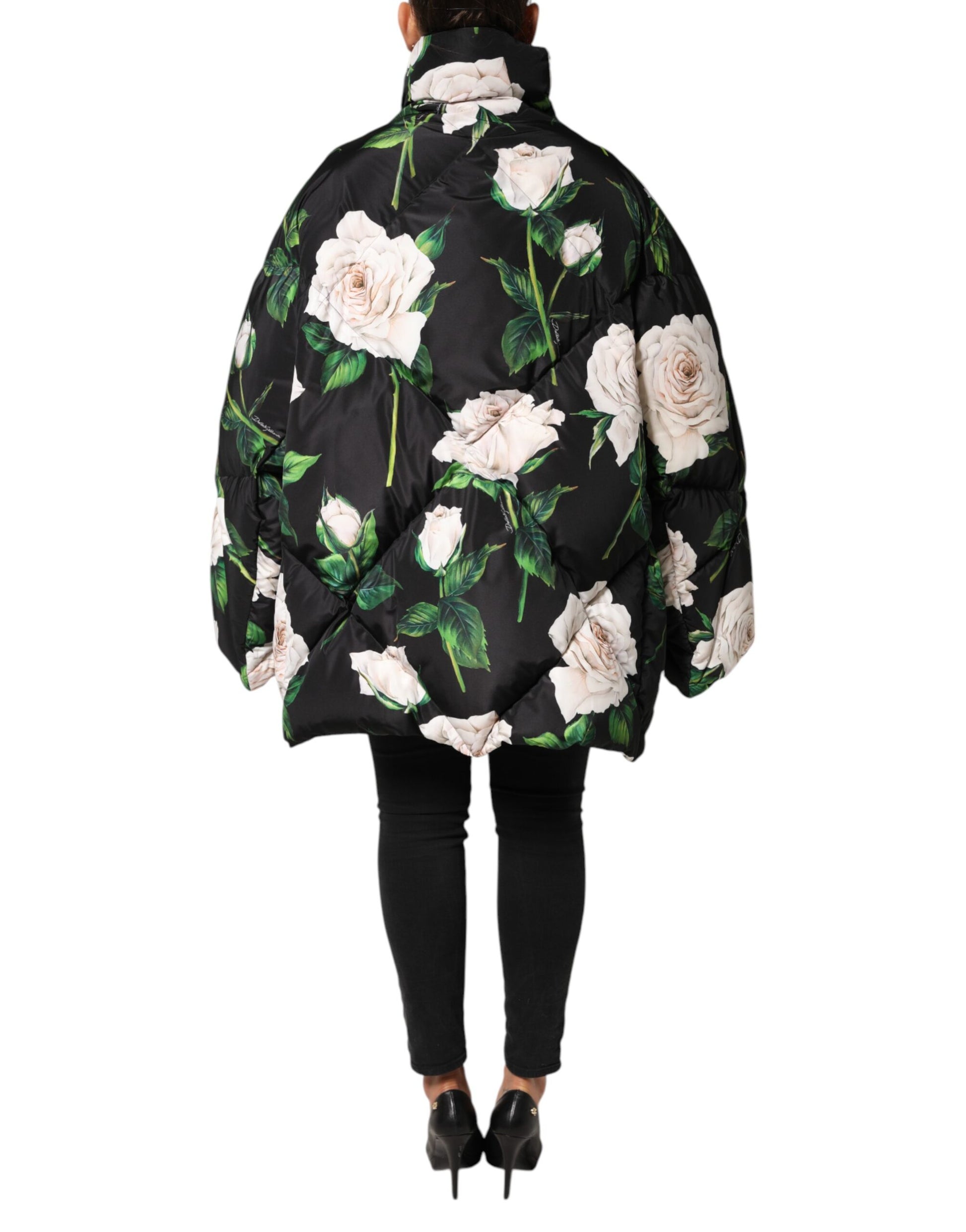 Dolce & Gabbana Black Floral Print Puffer Quilted Jacket by Dolce & Gabbana