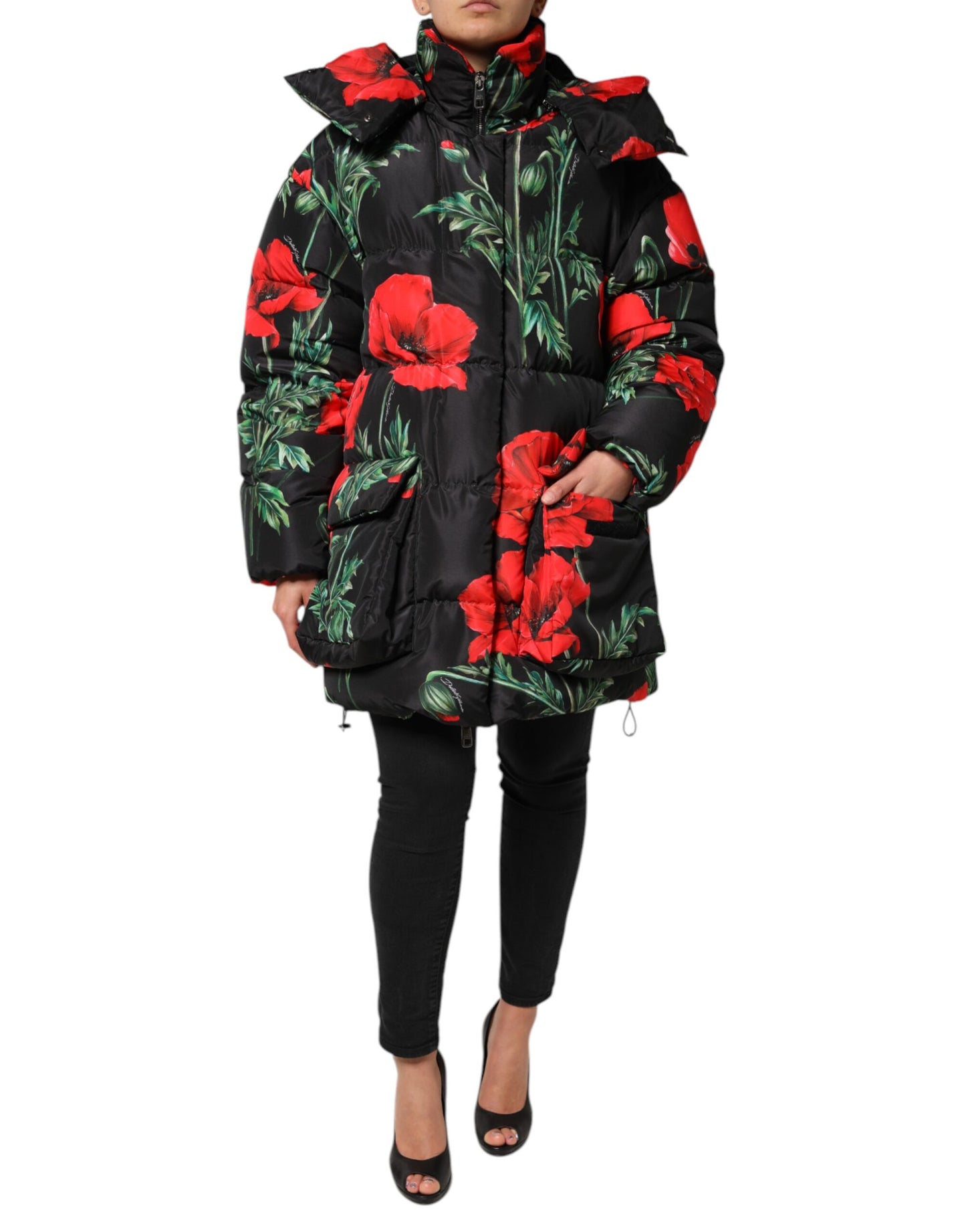 Dolce & Gabbana Black Floral Polyester Hooded Quilted Jacket by Dolce & Gabbana