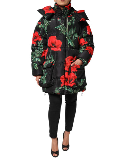 Dolce & Gabbana Black Floral Polyester Hooded Quilted Jacket by Dolce & Gabbana