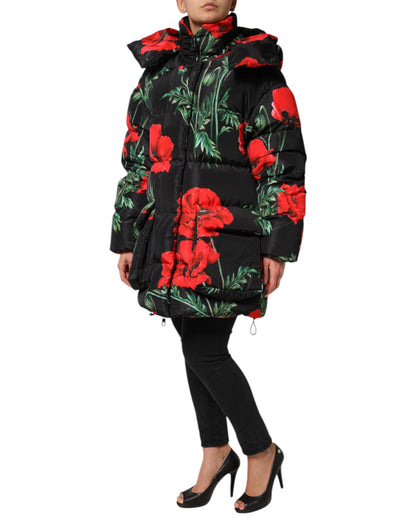 Dolce & Gabbana Black Floral Polyester Hooded Quilted Jacket by Dolce & Gabbana