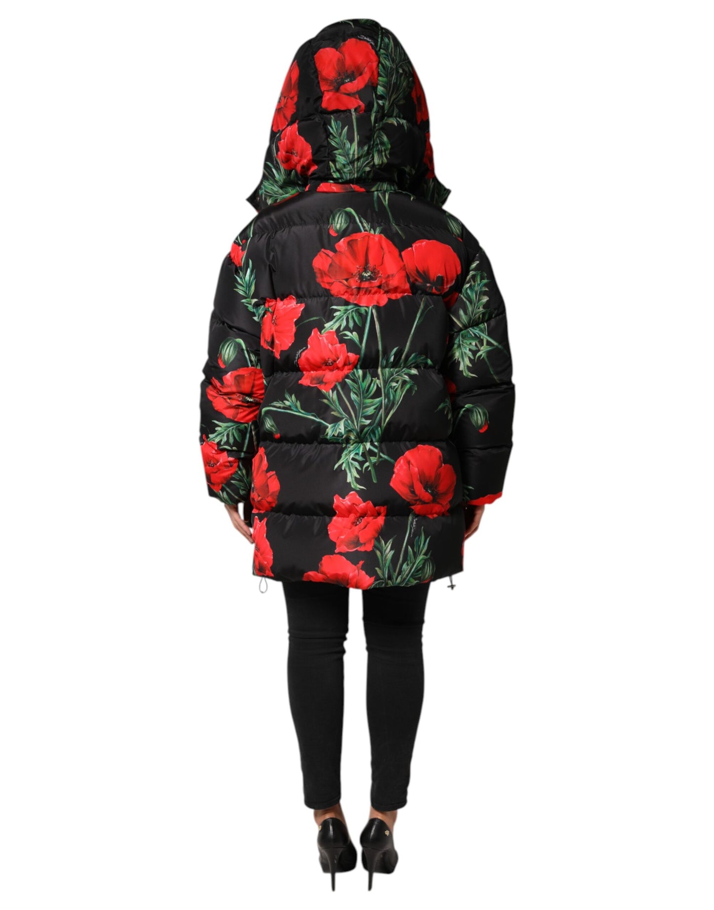Dolce & Gabbana Black Floral Polyester Hooded Quilted Jacket by Dolce & Gabbana