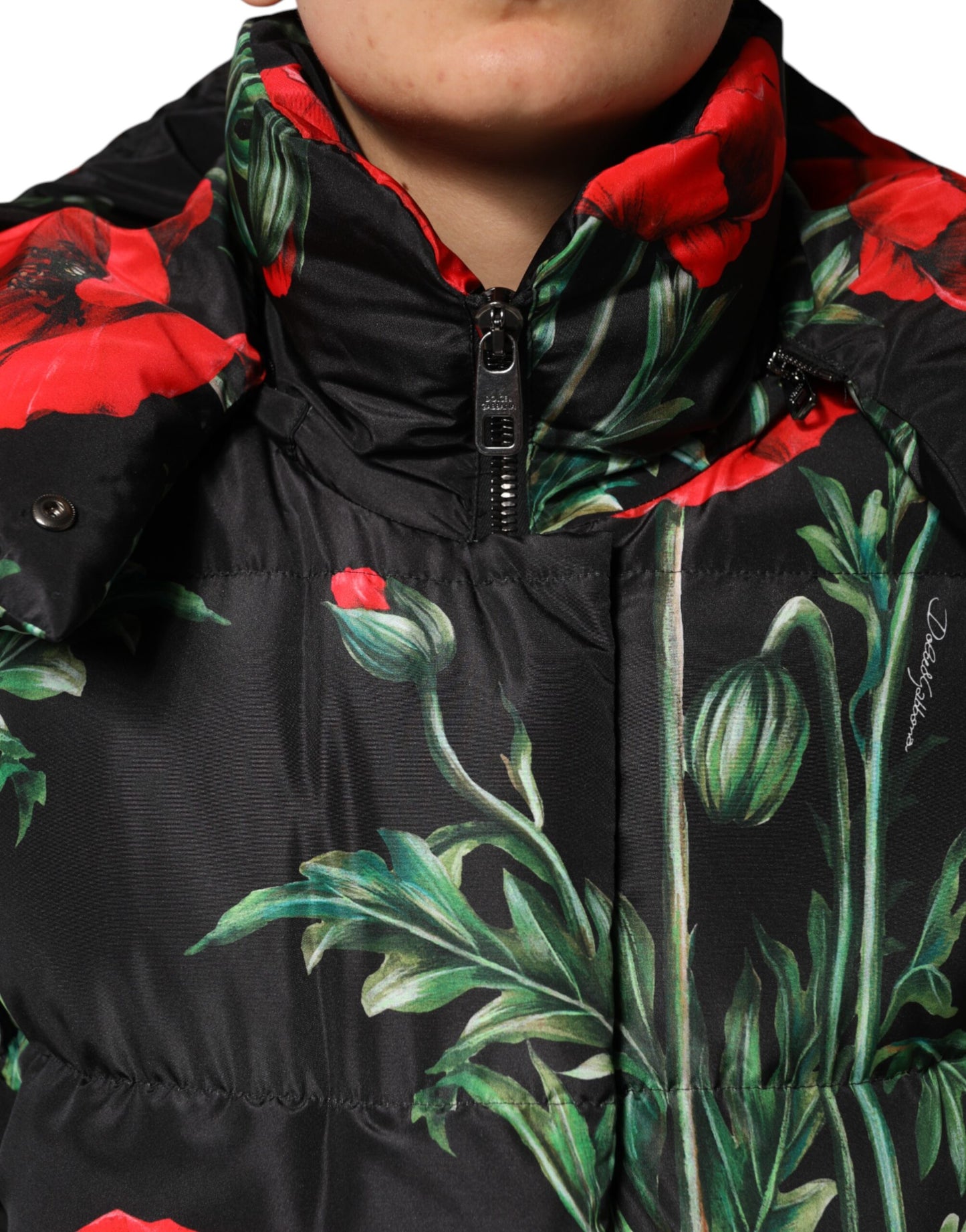 Dolce & Gabbana Black Floral Polyester Hooded Quilted Jacket by Dolce & Gabbana