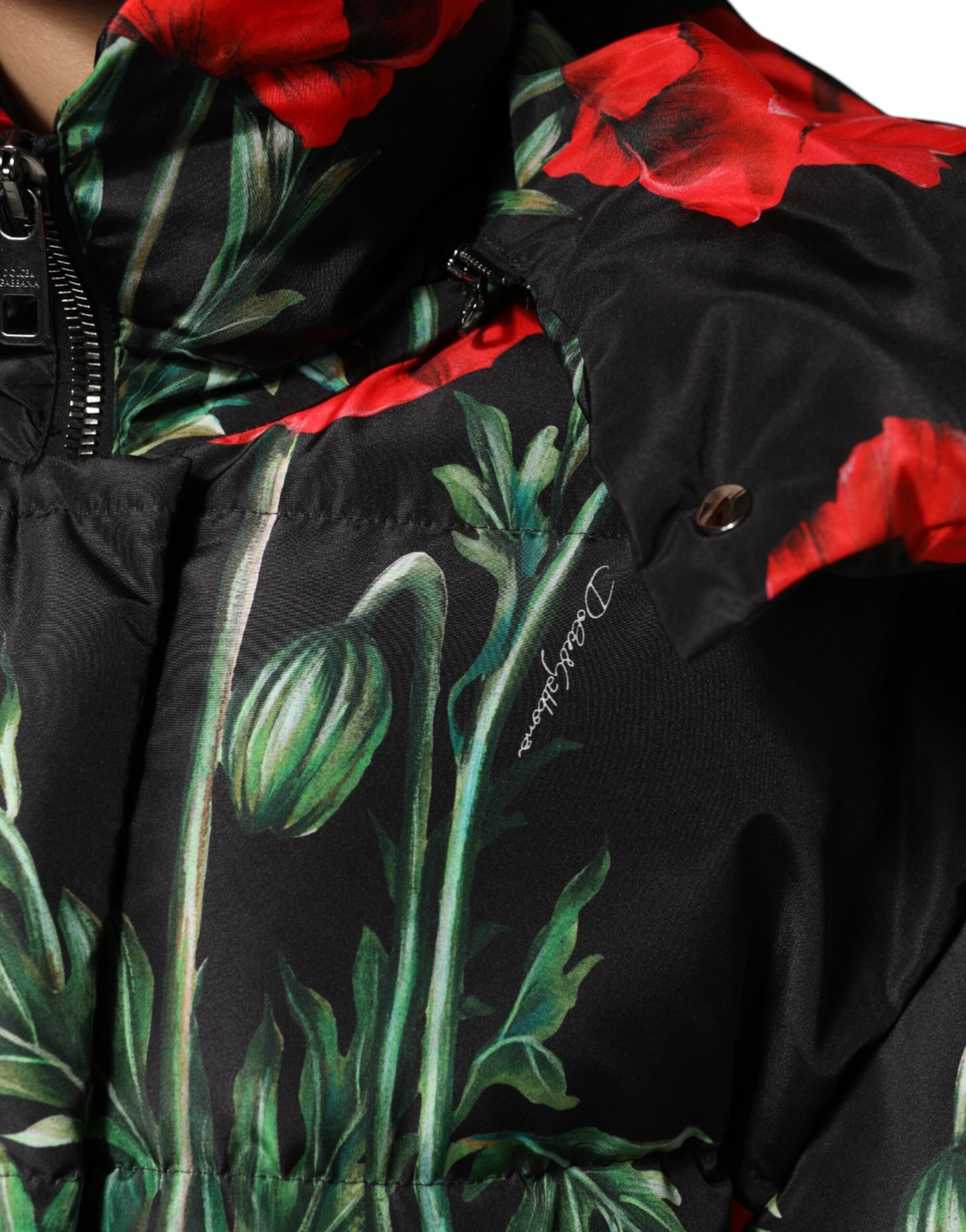Dolce & Gabbana Black Floral Polyester Hooded Quilted Jacket by Dolce & Gabbana