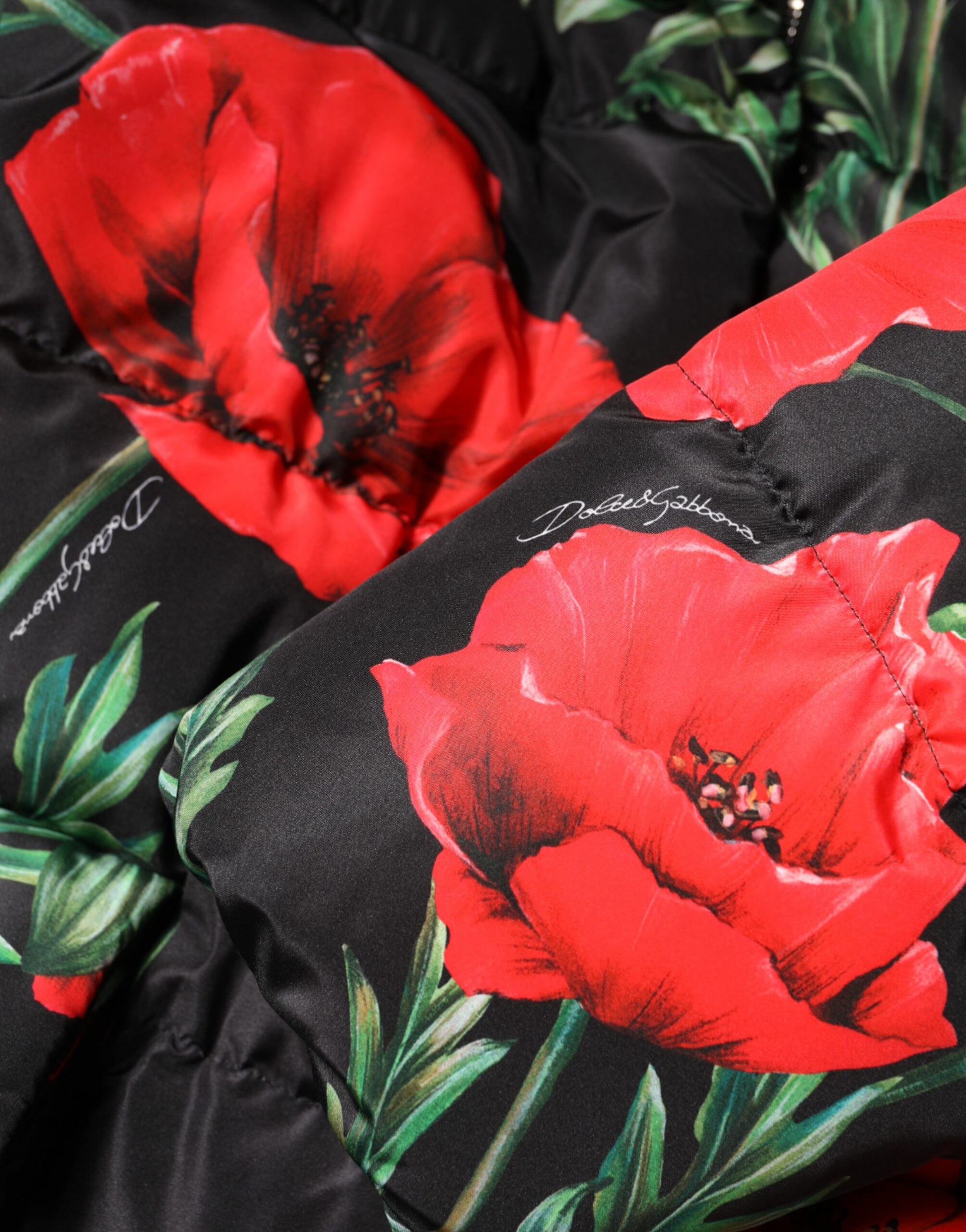 Dolce & Gabbana Black Floral Polyester Hooded Quilted Jacket by Dolce & Gabbana