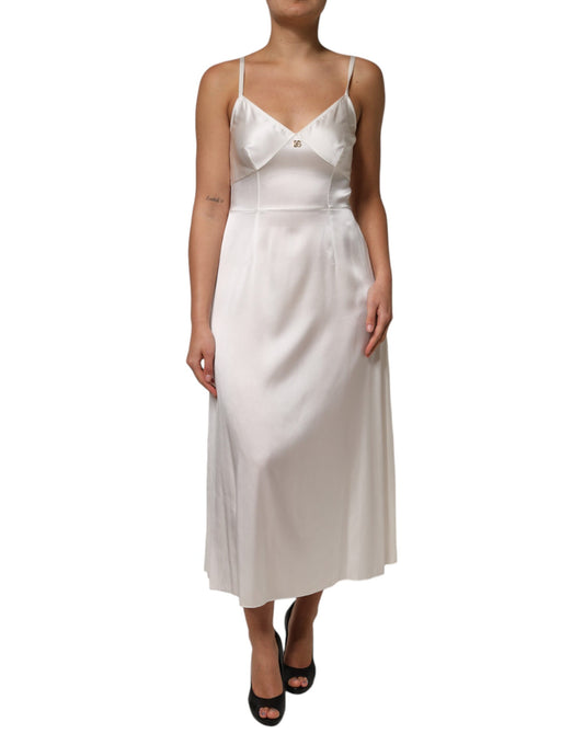 Dolce &amp; Gabbana White DG Logo Full Slip Silk Dress Sleepwear